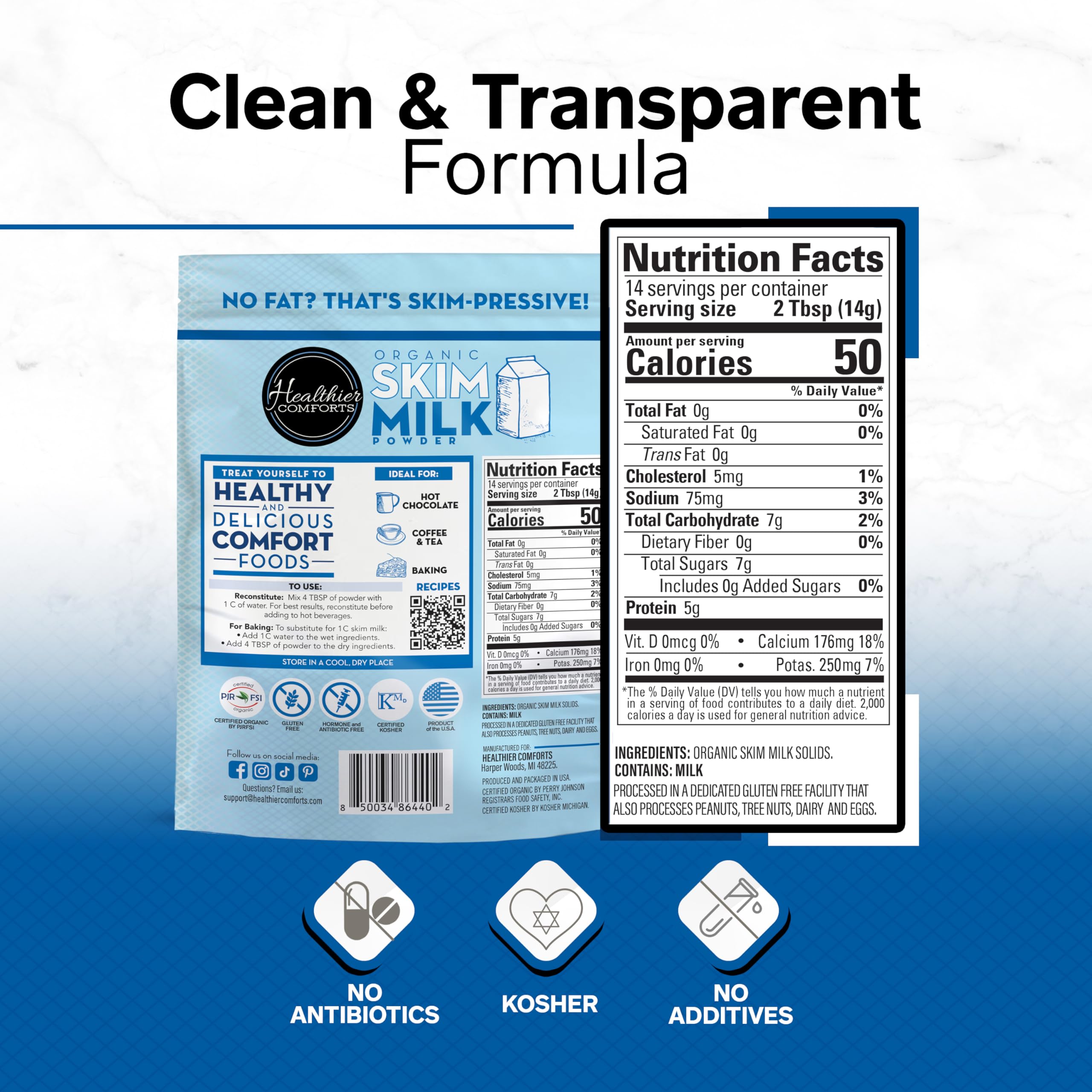 Closeup of Healthier Comforts skim milk powder texture for reconstitution