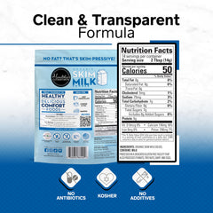 Closeup of Healthier Comforts skim milk powder texture for reconstitution