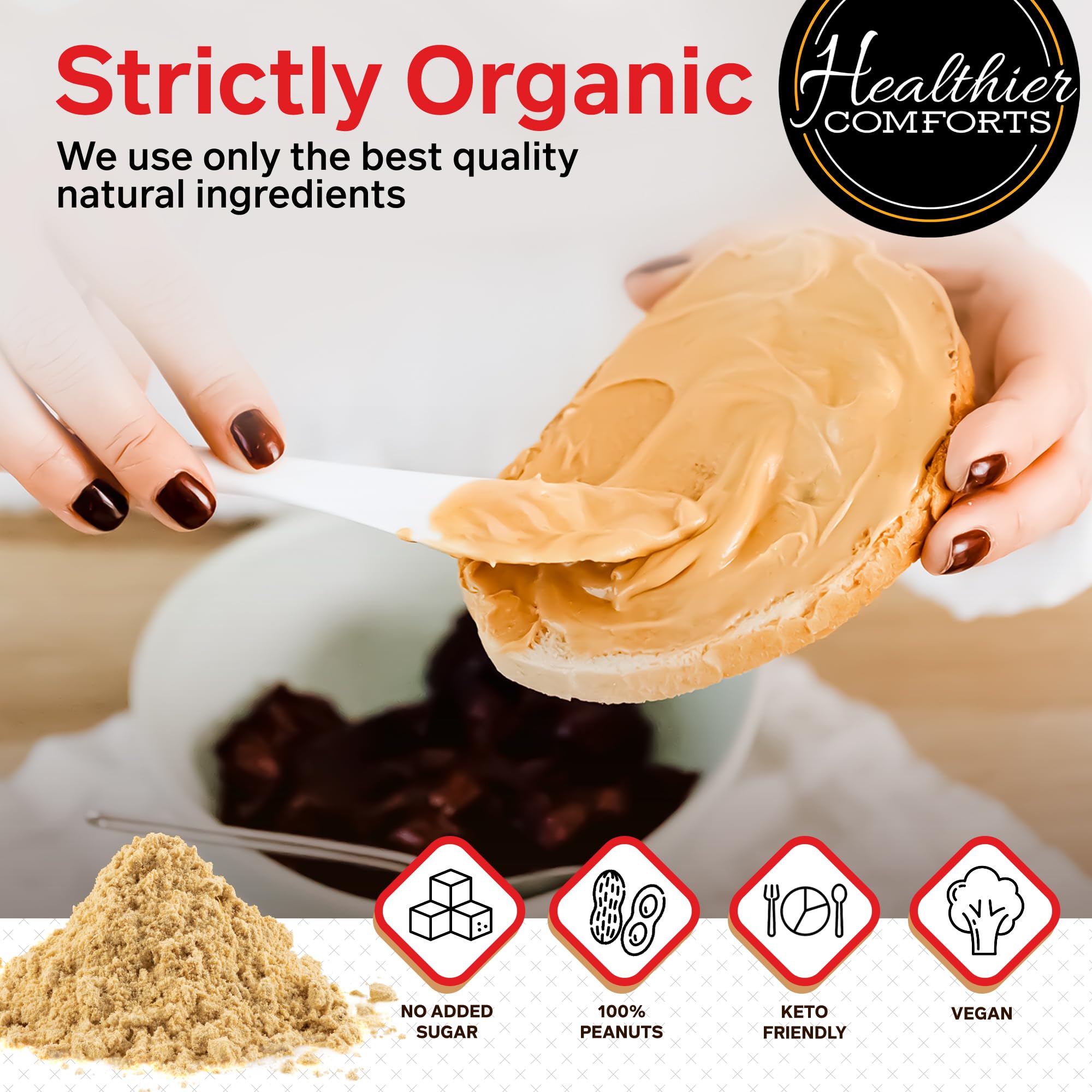 Healthier Comforts Peanut Butter Powder in a mixing bowl for shakes and baking