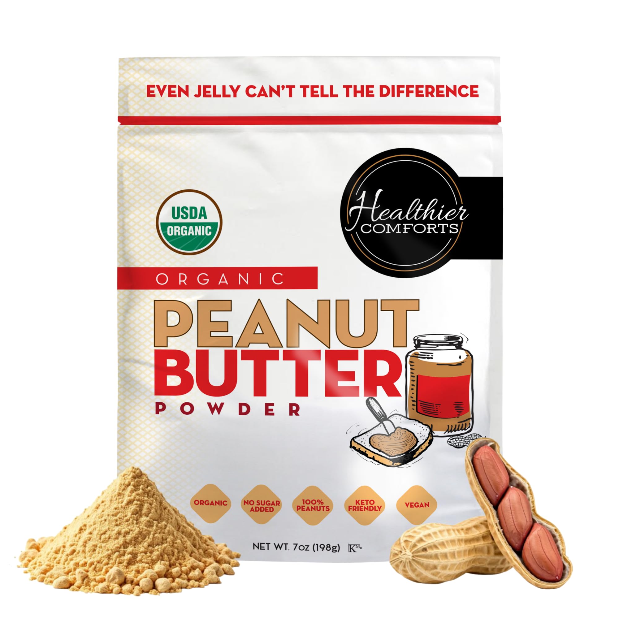 Healthier Comforts Organic Peanut Butter Powder jar shows pure ingredients for versatile cooking