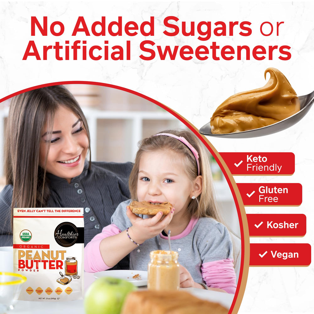 Healthier Comforts Peanut Butter Powder added to a protein shake for flavor