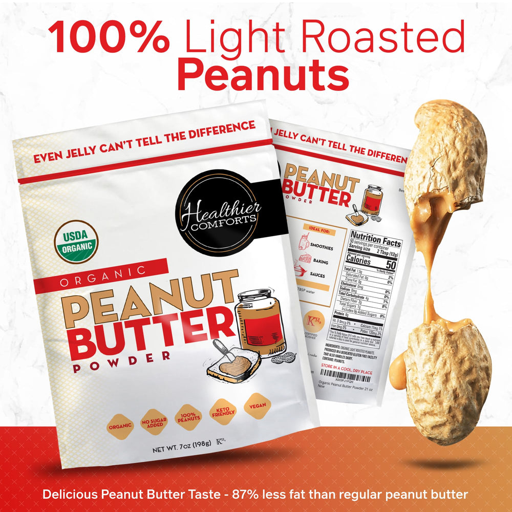 Healthier Comforts Peanut Butter Powder on a spoon ready for a quick protein snack