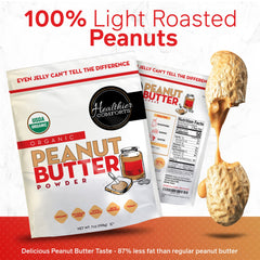 Healthier Comforts Peanut Butter Powder on a spoon ready for a quick protein snack