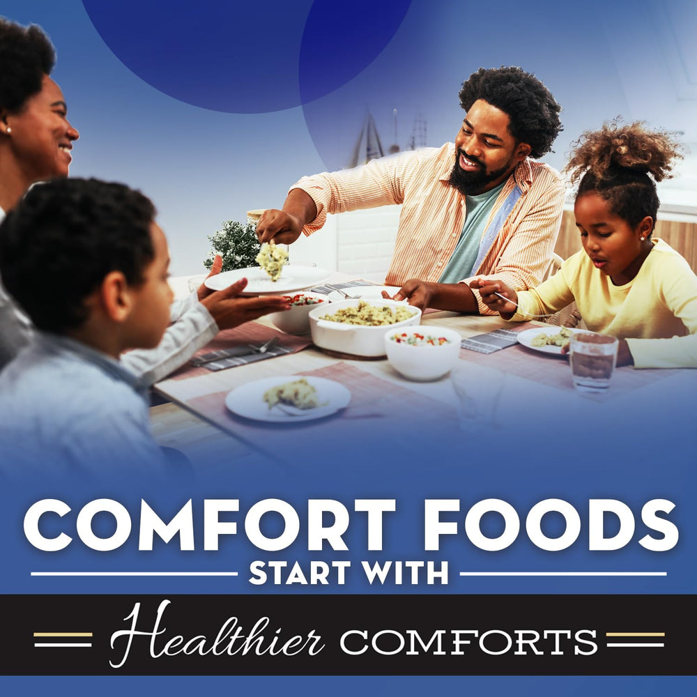 Healthier Comforts ingredients panel showing real cheese and natural ingredients