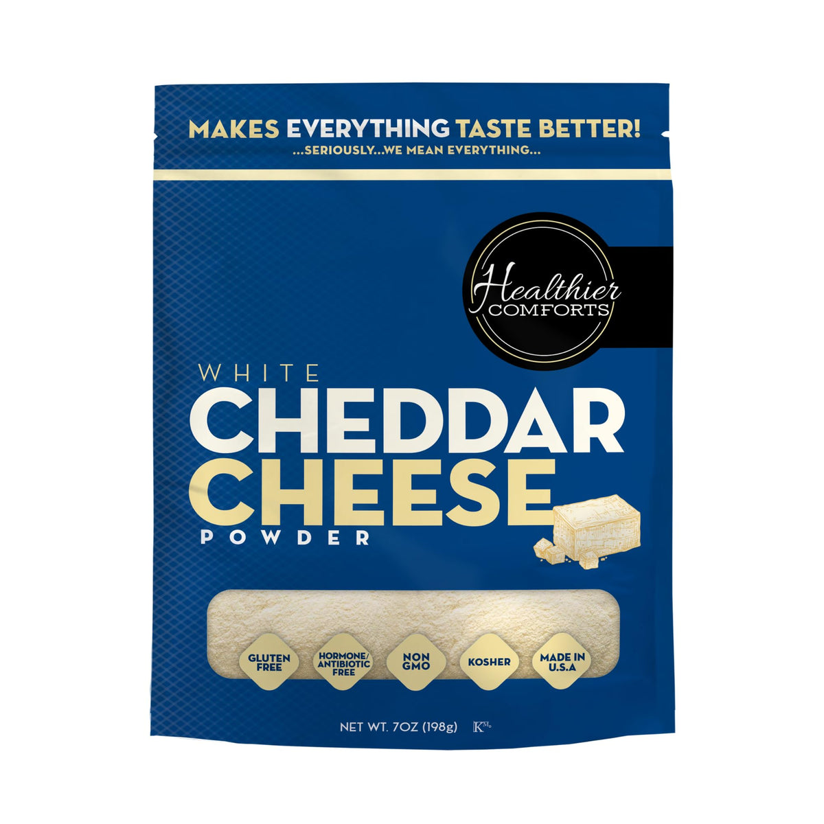 Healthier Comforts White Cheddar Cheese Powder jar for gluten-free seasoning