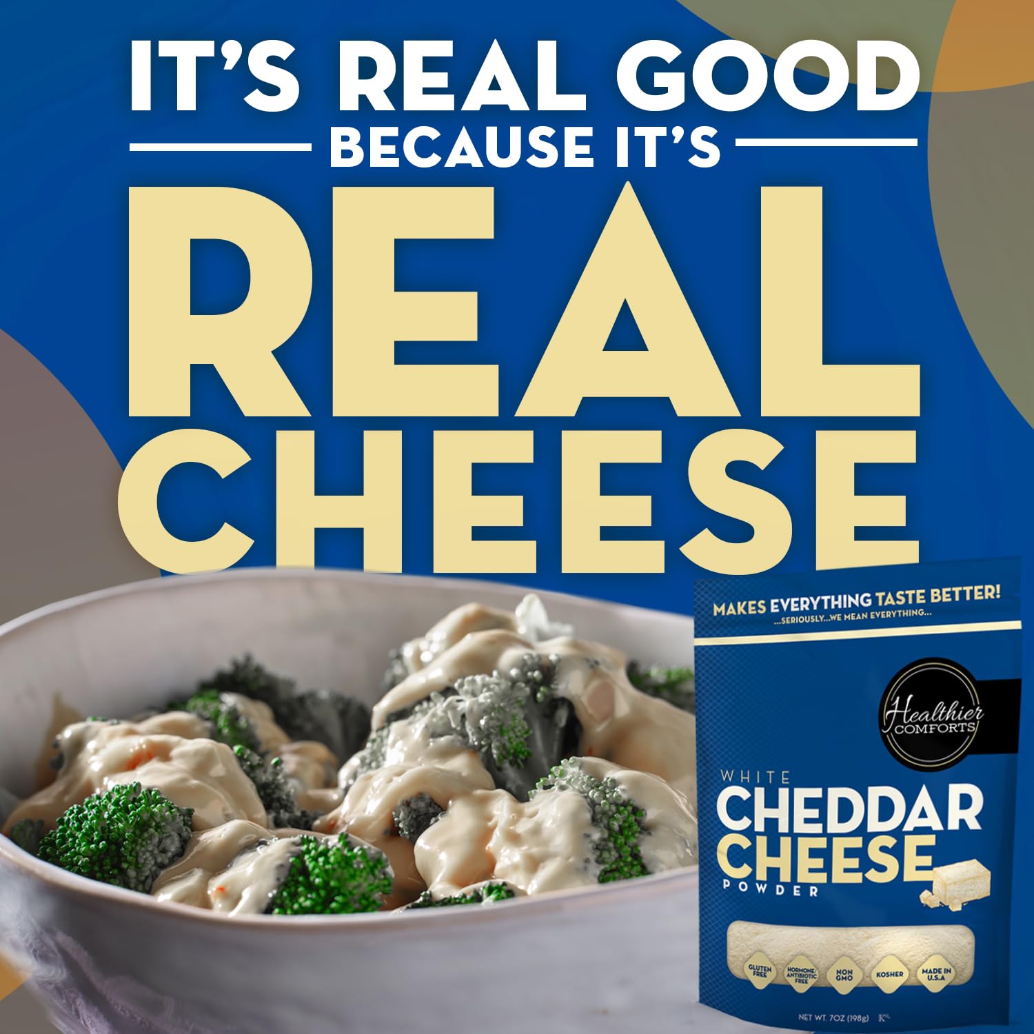 Healthier Comforts gluten-free cheese powder bottle in pantry