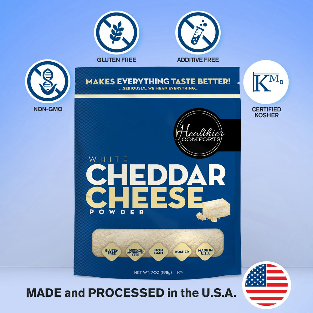 Healthier Comforts white cheddar powder used in macaroni and cheese mix
