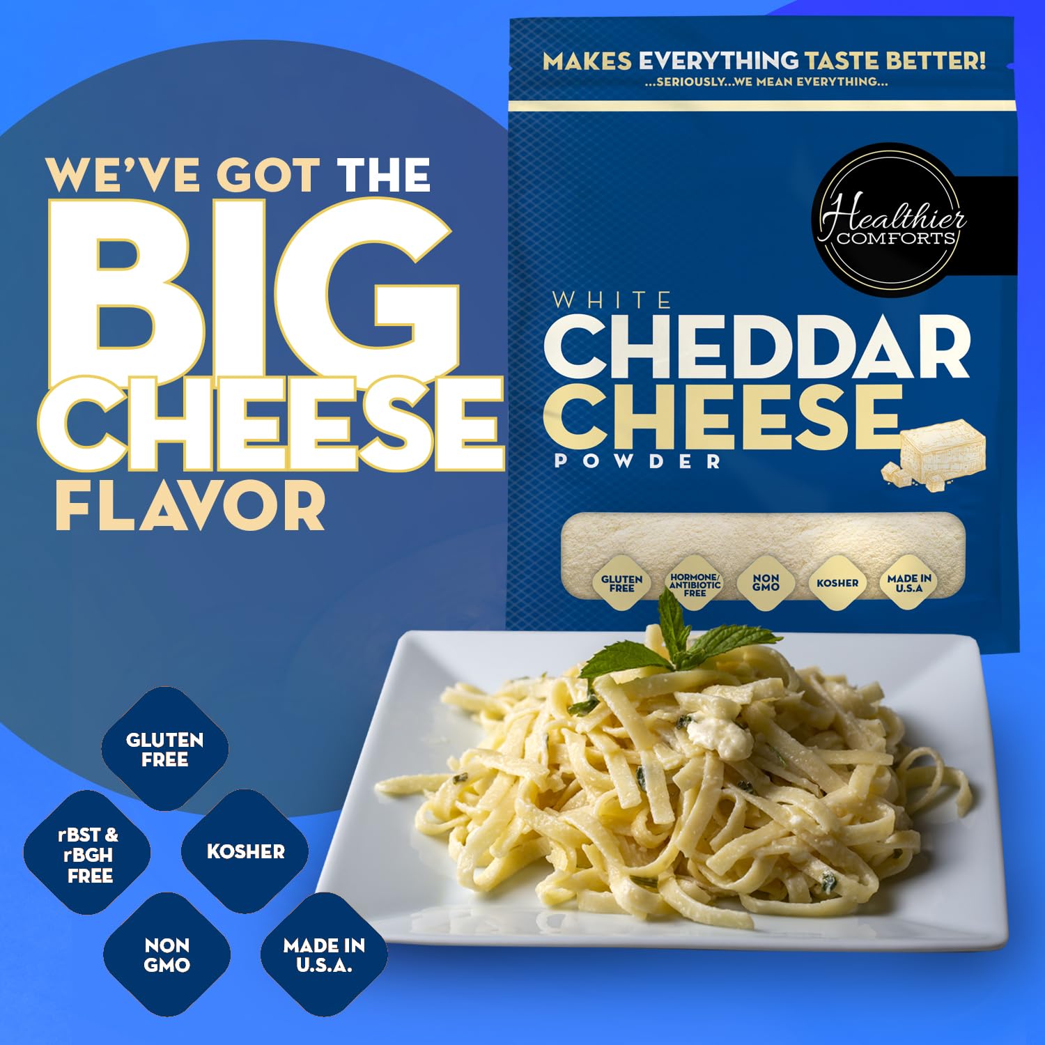 Healthier Comforts measuring spoon with cheddar powder for recipes