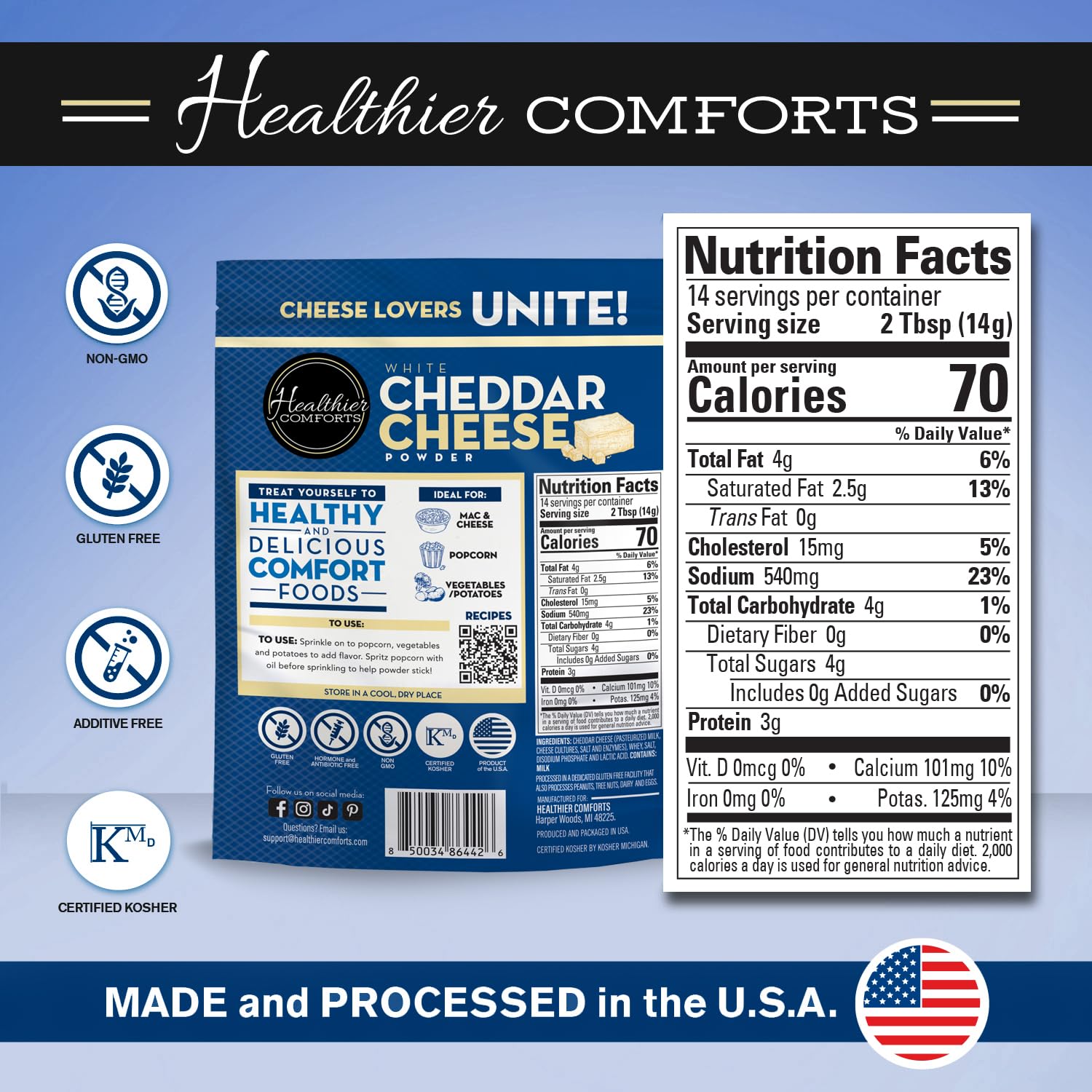 Healthier Comforts powder sprinkled on popcorn for savory snack