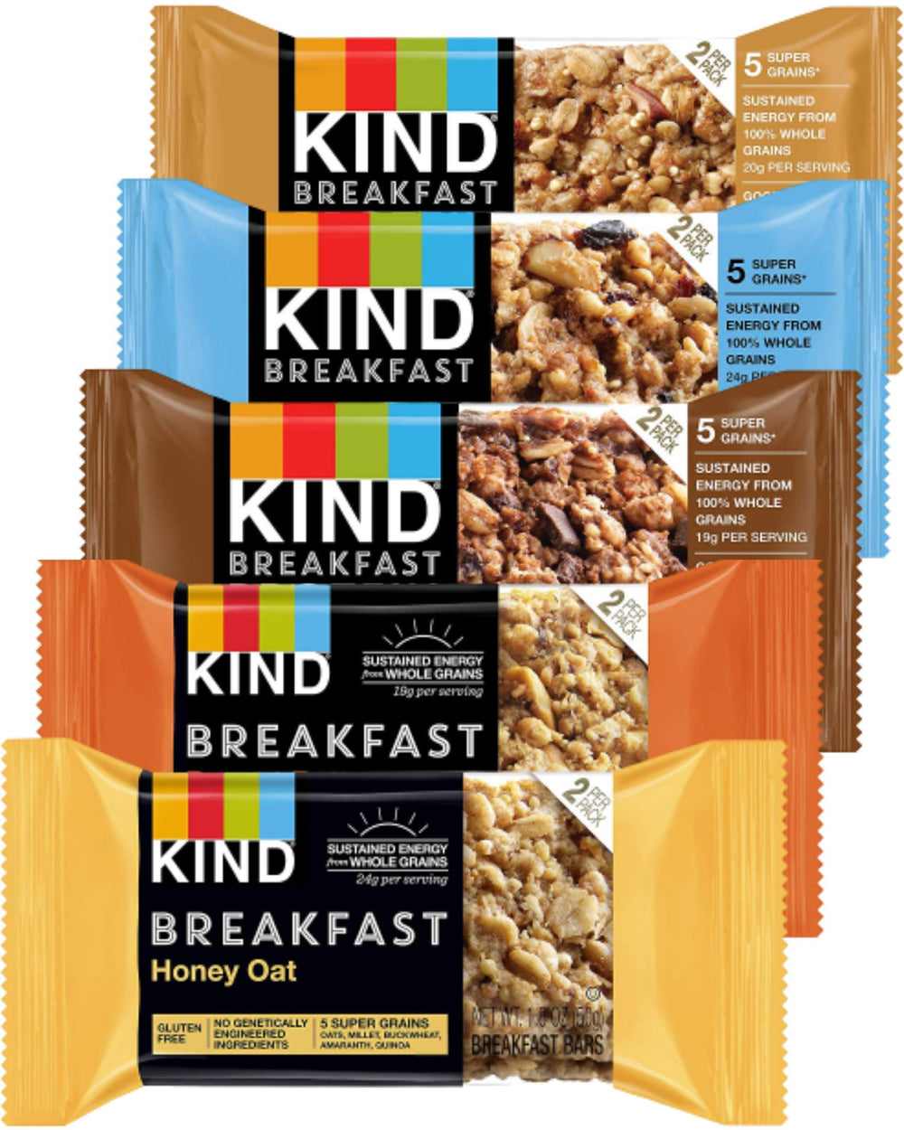 Healthiest Bars Kind Breakfast Bars variety front packaging highlighting gluten-free, non-GMO ingredients.