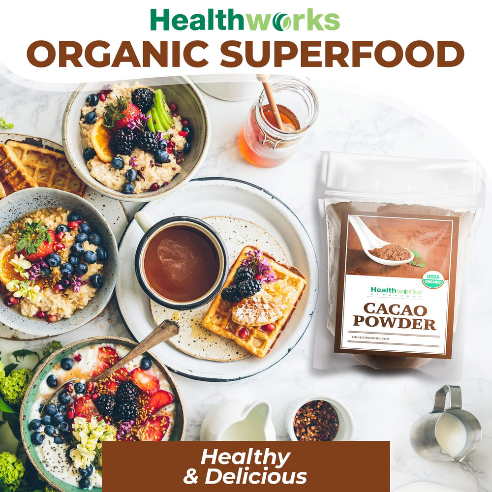 Healthworks cacao powder label information showing organic vegan non-GMO attributes
