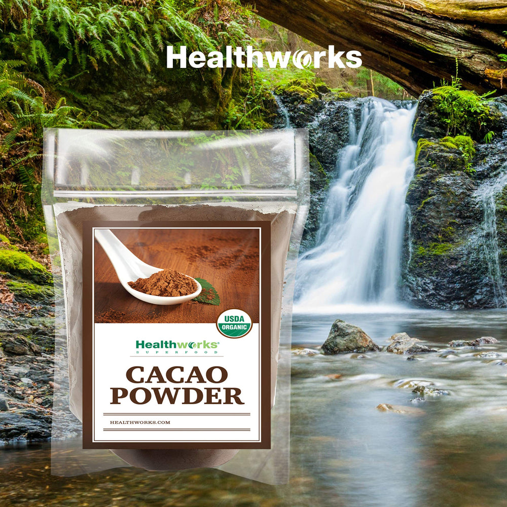 Healthworks cacao powder near Peruvian origin label emphasizing organic certification.