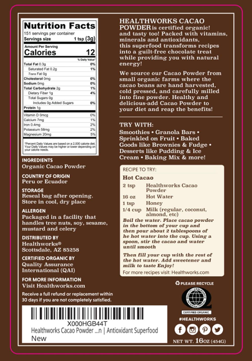 Healthworks Cacao Powder scoop dispenses to reveal fine texture ideal for beverages and baking