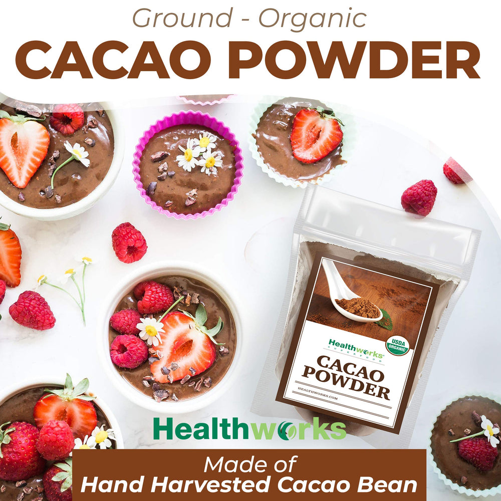 Healthworks cacao powder added to smoothie ingredients for rich flavor