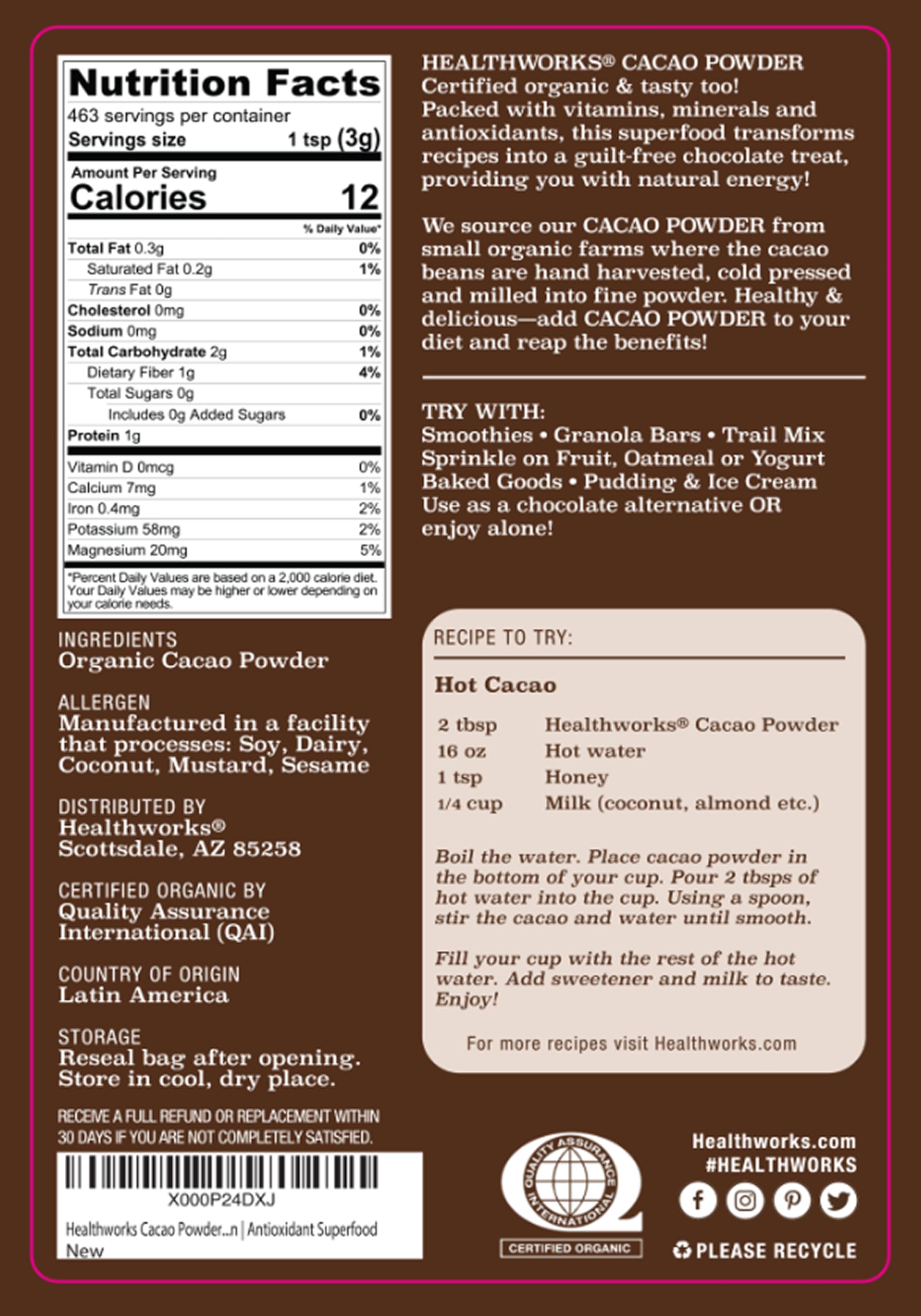 Healthworks cacao powder blended into a smoothie for rich flavor and natural energy.