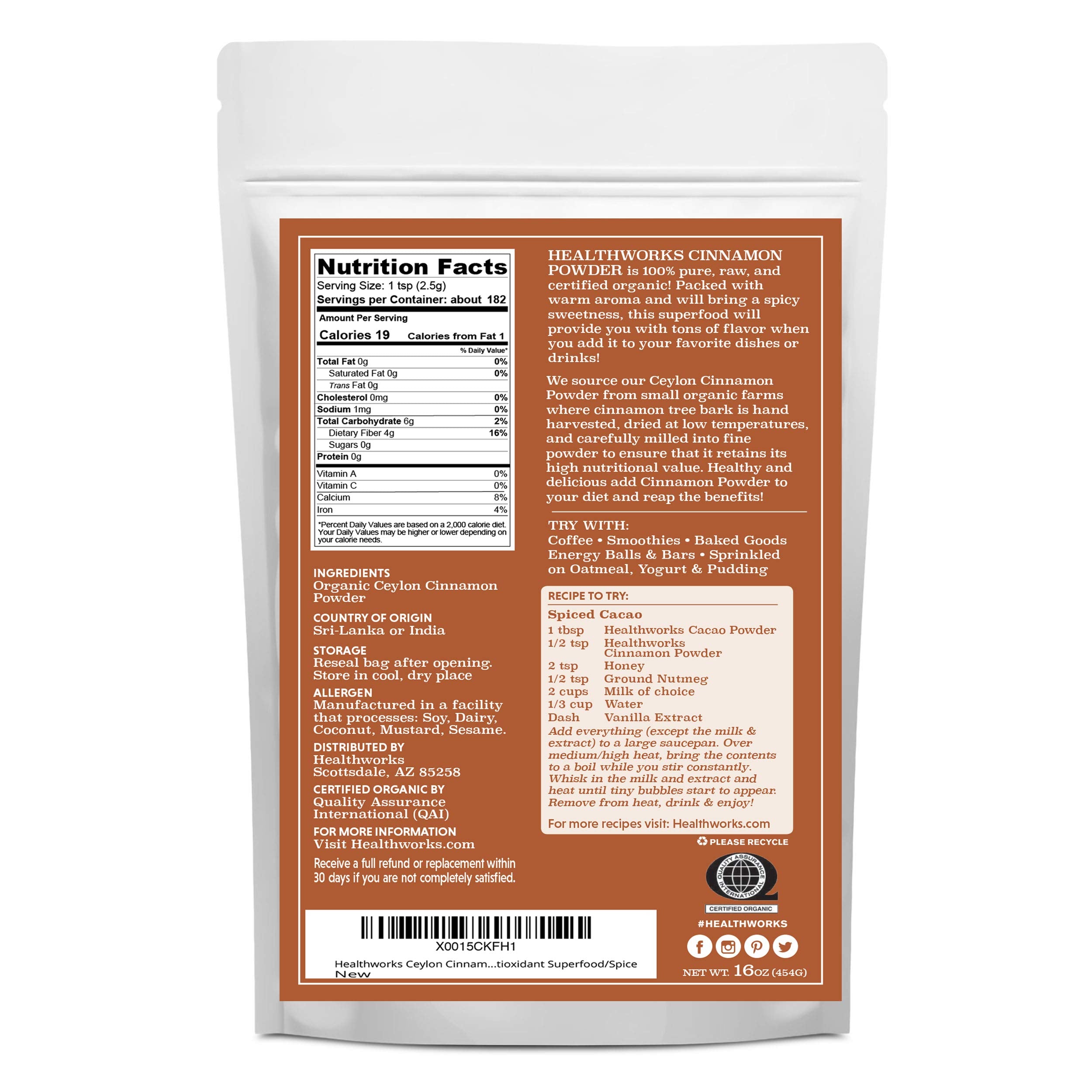 Healthworks Ceylon Cinnamon Powder ground fine for smoothies and baking