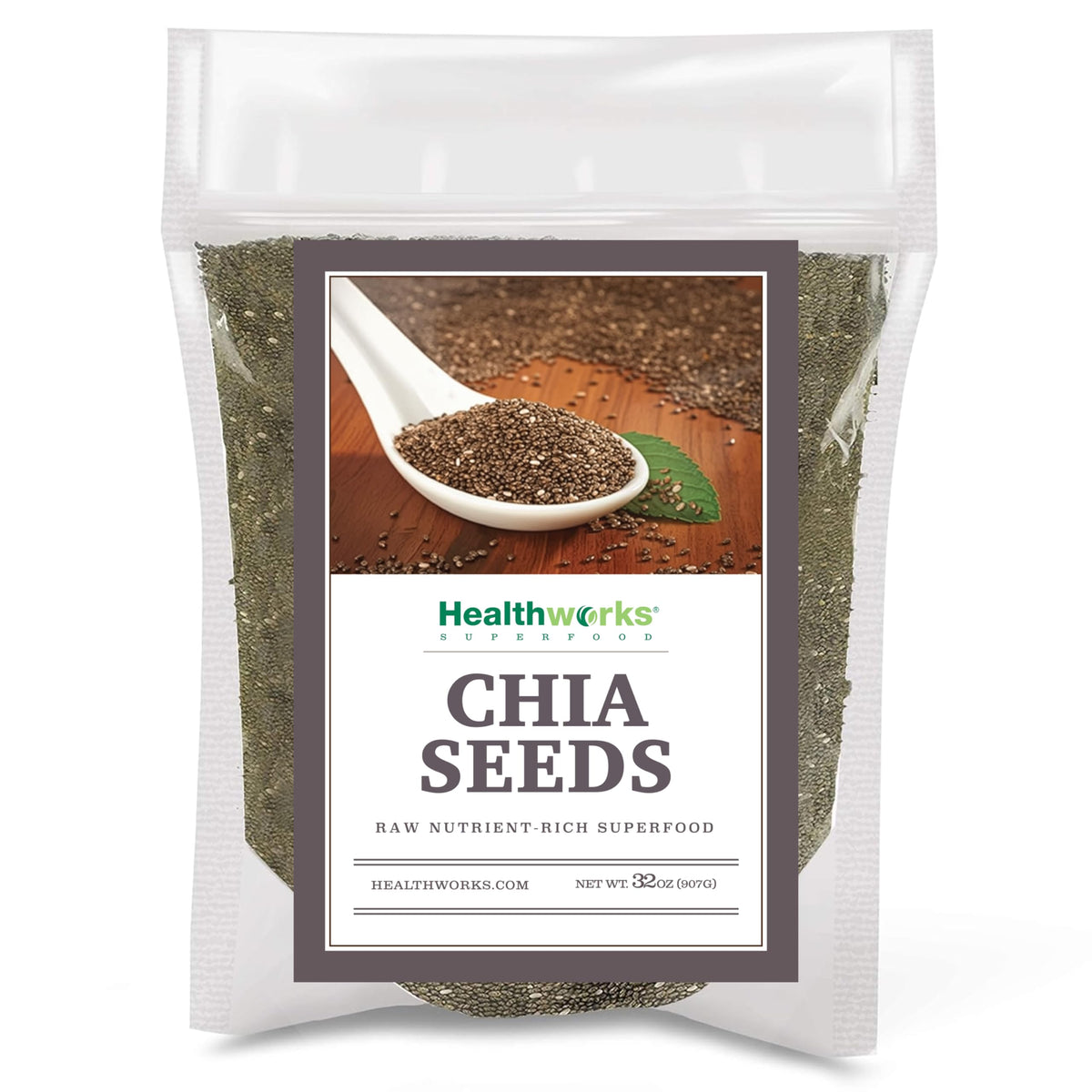 Healthworks Chia Seeds 32oz bottle ready to be stirred into smoothies