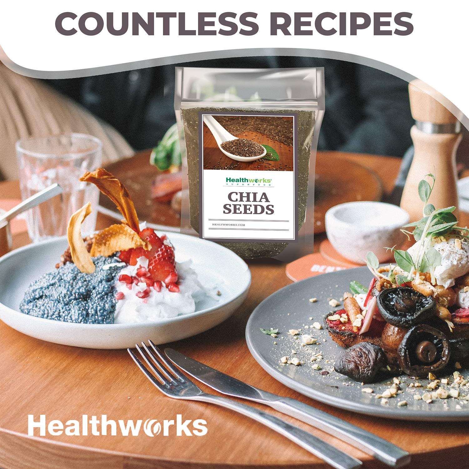 Healthworks Chia Seeds close-up texture, showing tiny nutrient-dense seeds.