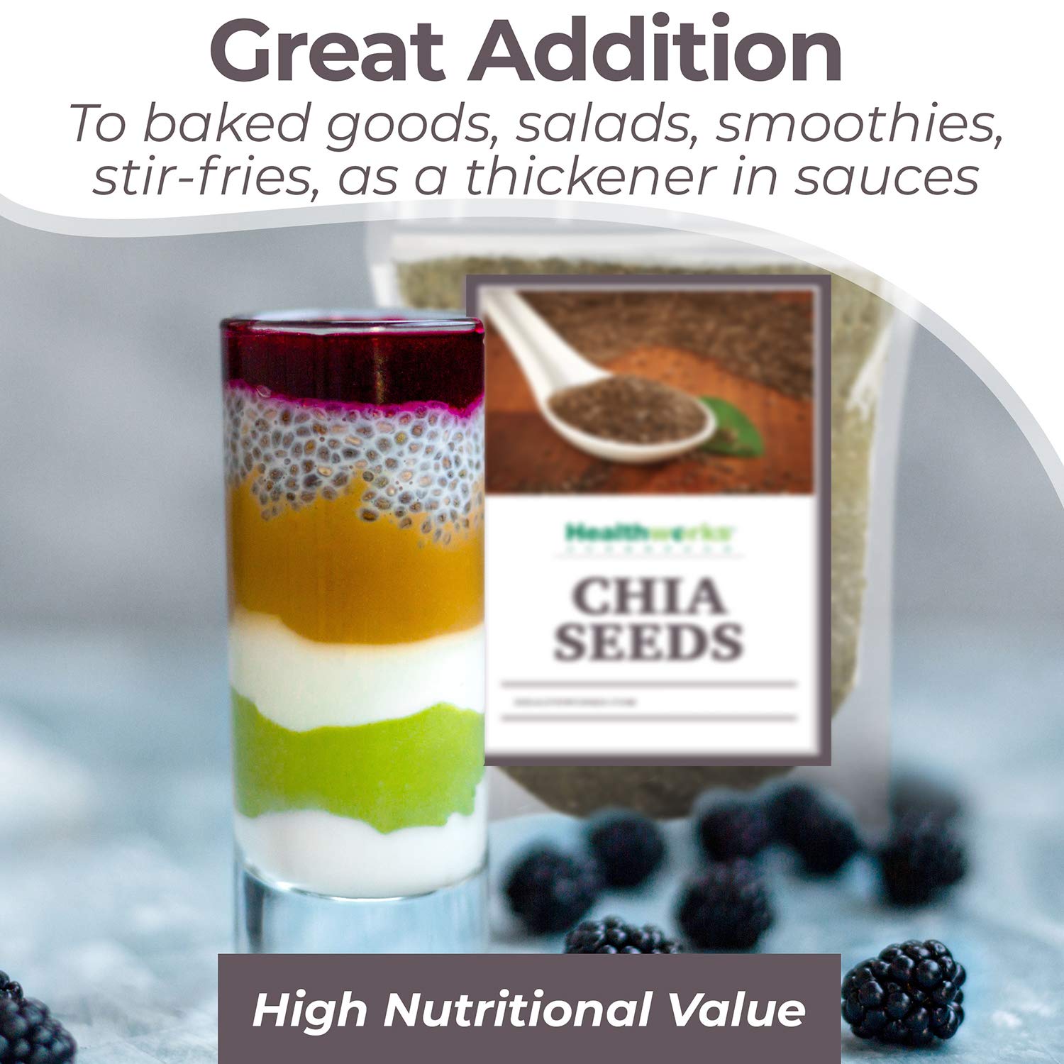 Healthworks Chia Seeds blended into smoothies to thicken and protein-boost.