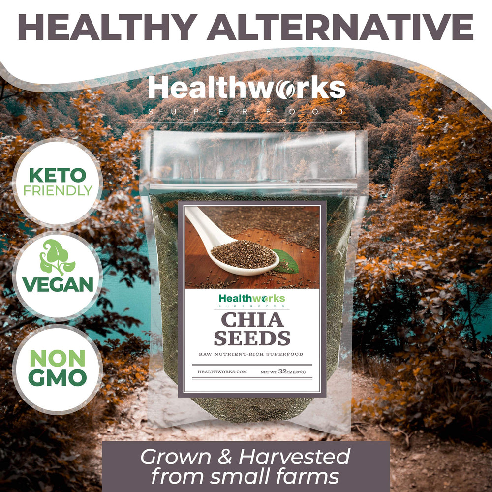 Healthworks chia seeds sprinkled on oatmeal for added fiber
