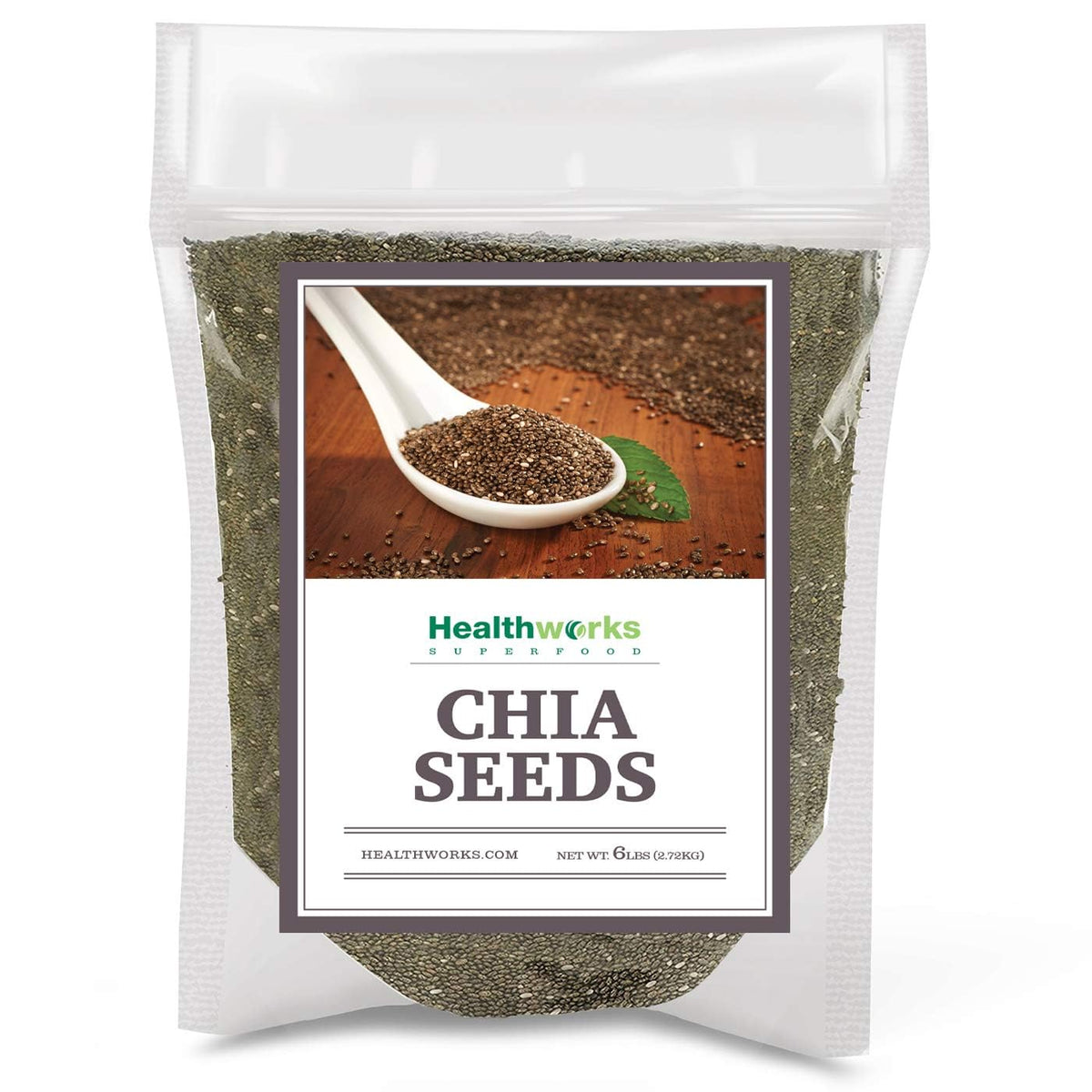 Healthworks Chia Seeds raw bulk bag, pantry staple rich in fiber and omega-3.