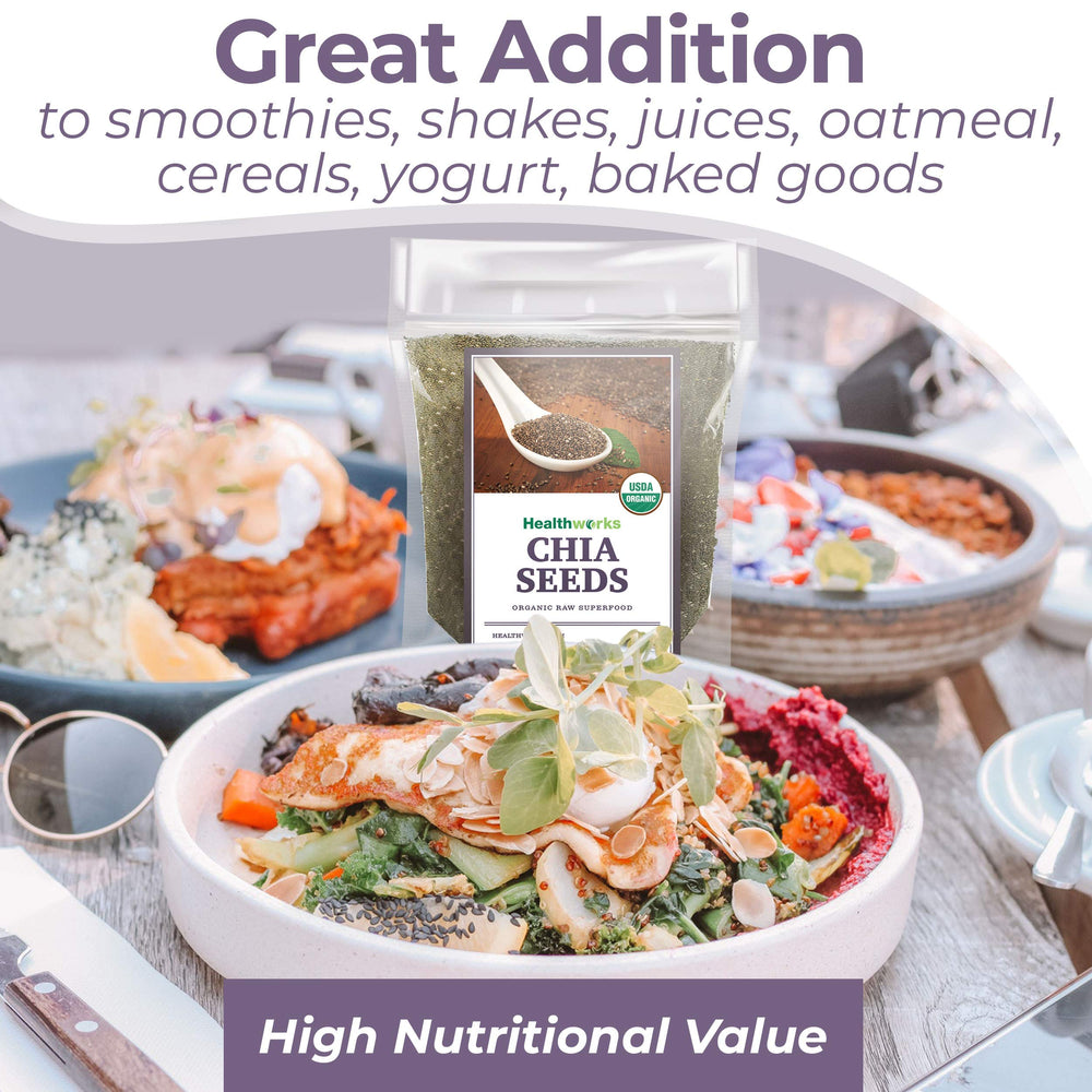 Healthworks chia seeds in a smoothie jar adding texture and nutrition