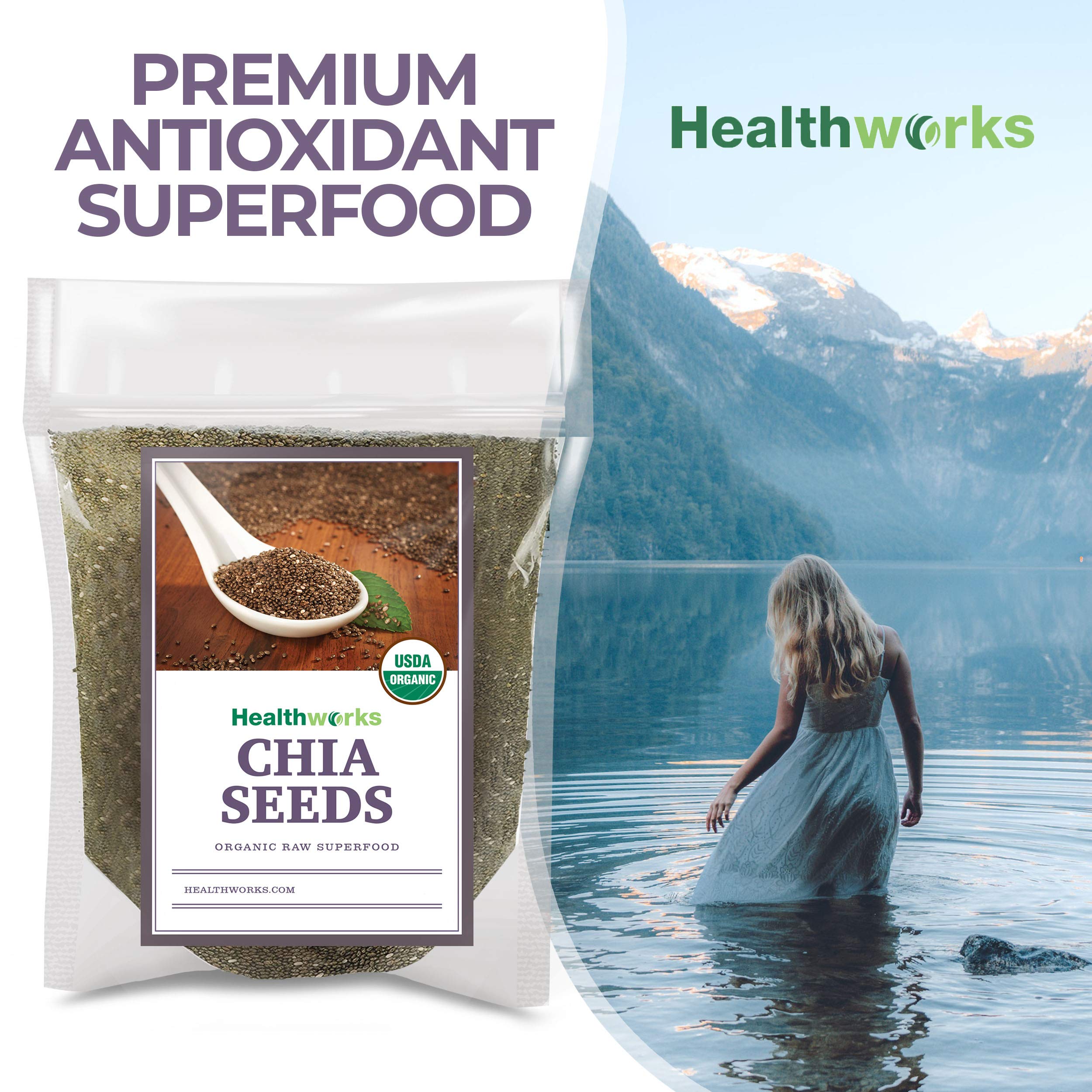 Healthworks chia seeds top view in a bowl with oats and fruit