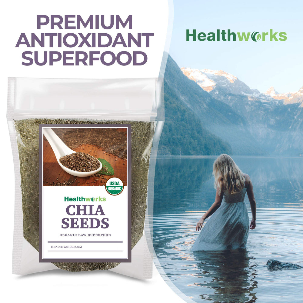 Healthworks chia seeds top view in a bowl with oats and fruit
