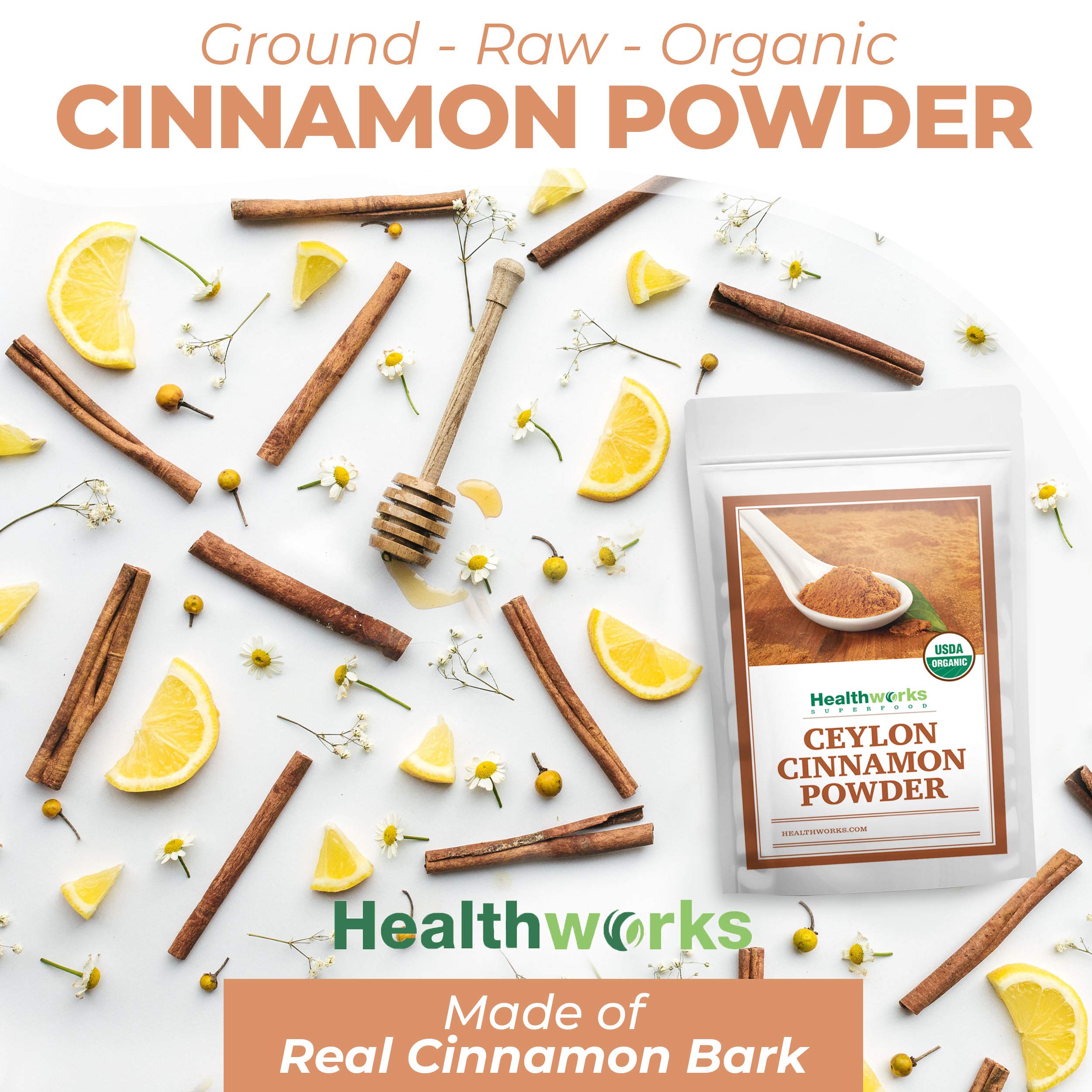Healthworks Ceylon Cinnamon Powder pouring into a mug
