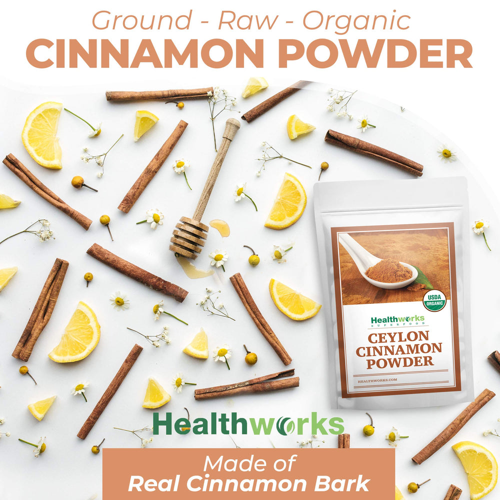 Healthworks Ceylon Cinnamon Powder pouring into a mug