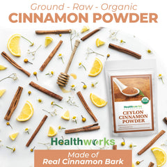 Healthworks Ceylon Cinnamon Powder pouring into a mug