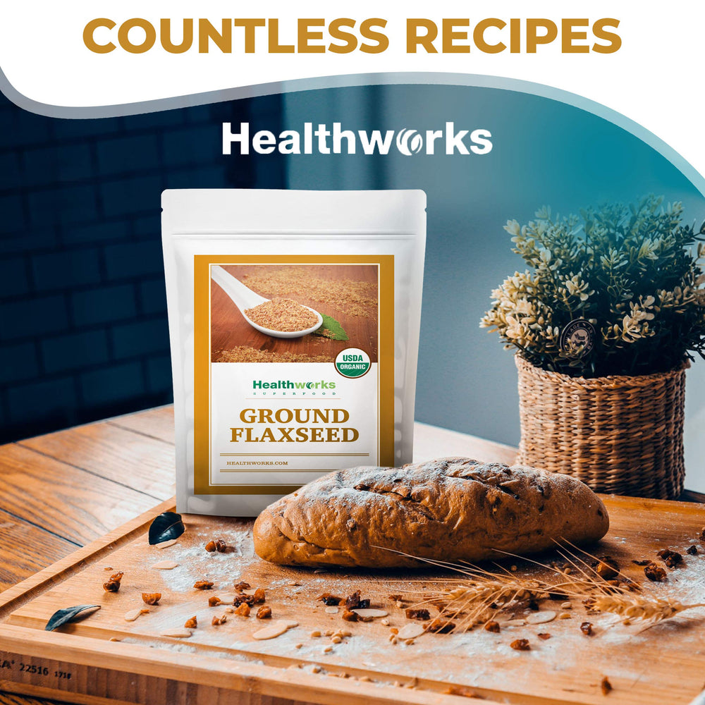 Flax seed powder beside oats and berries, convenient addition for meals.