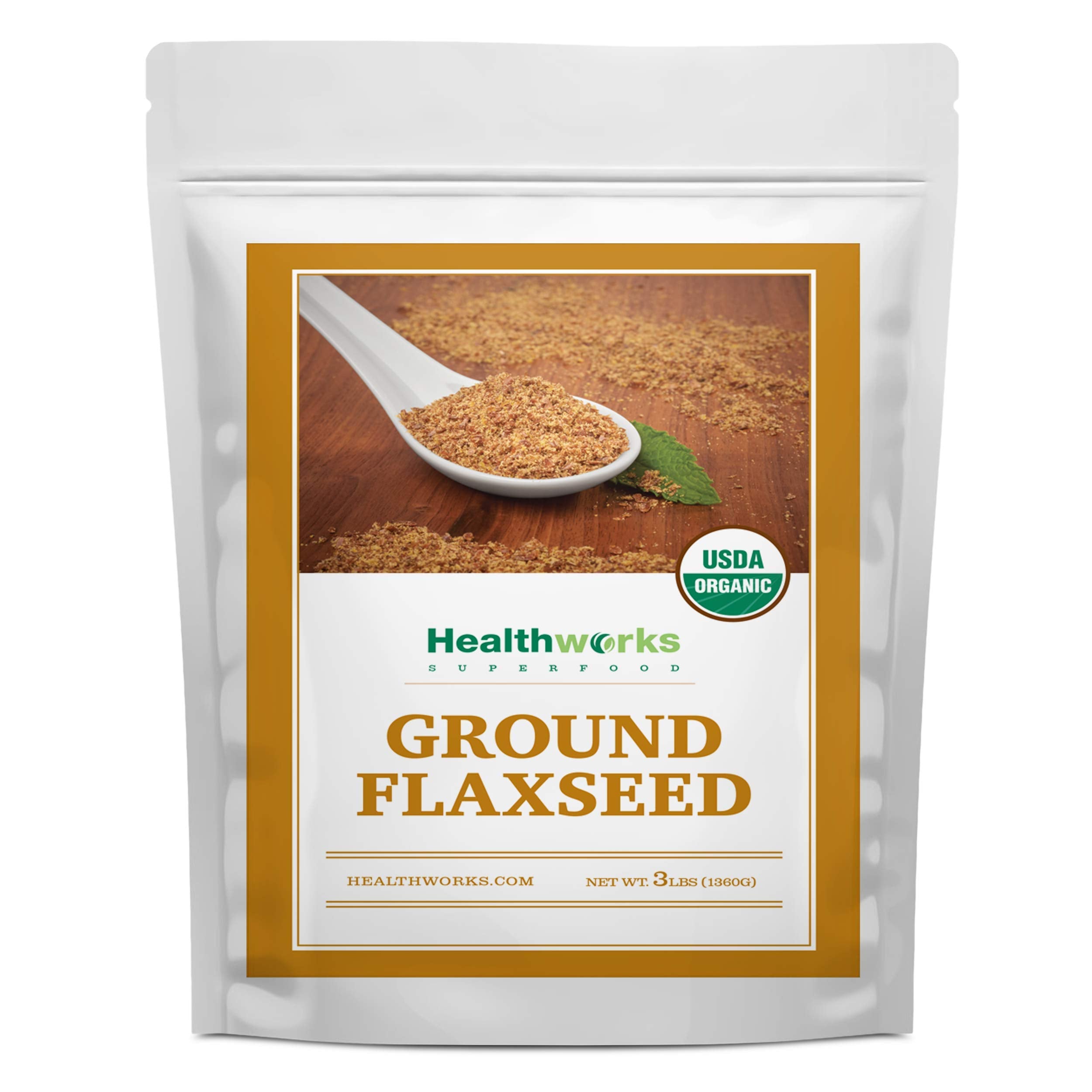 Healthworks Flax Seed Organic bottle on shelf, omega-3 ALA source for plant-based diets.