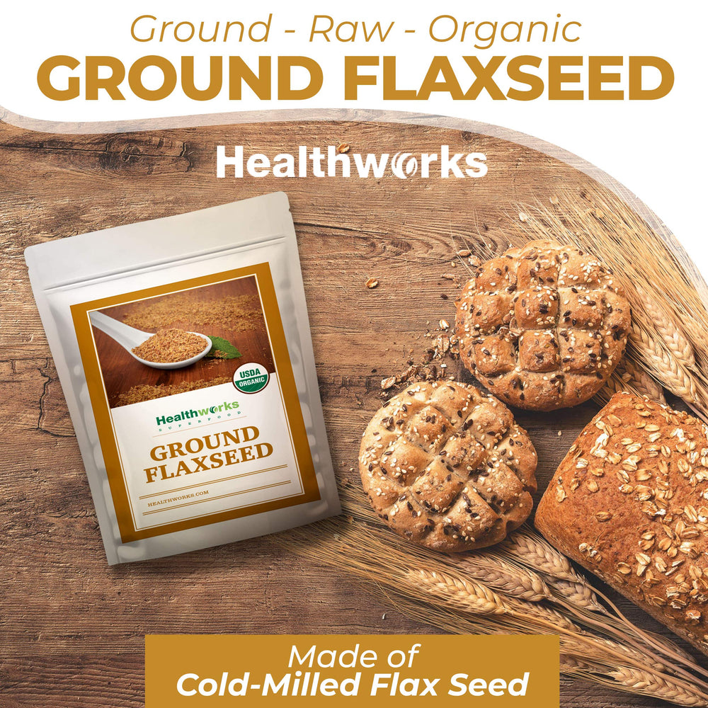 Healthworks Flax Seed Organic ground powder canister, raw and cold milled for freshness.