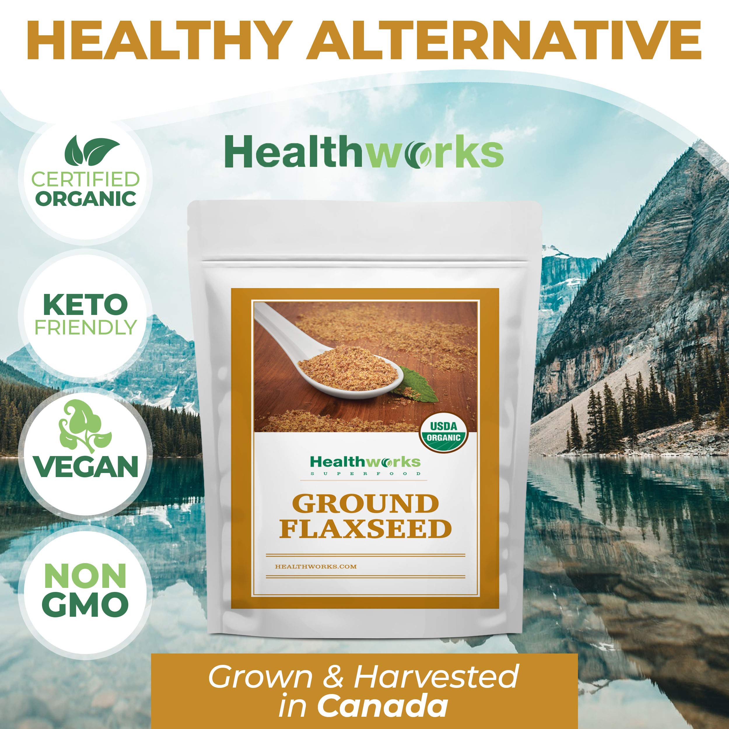 Healthworks flax seed powder in a bowl with ingredients, showcasing versatile uses.
