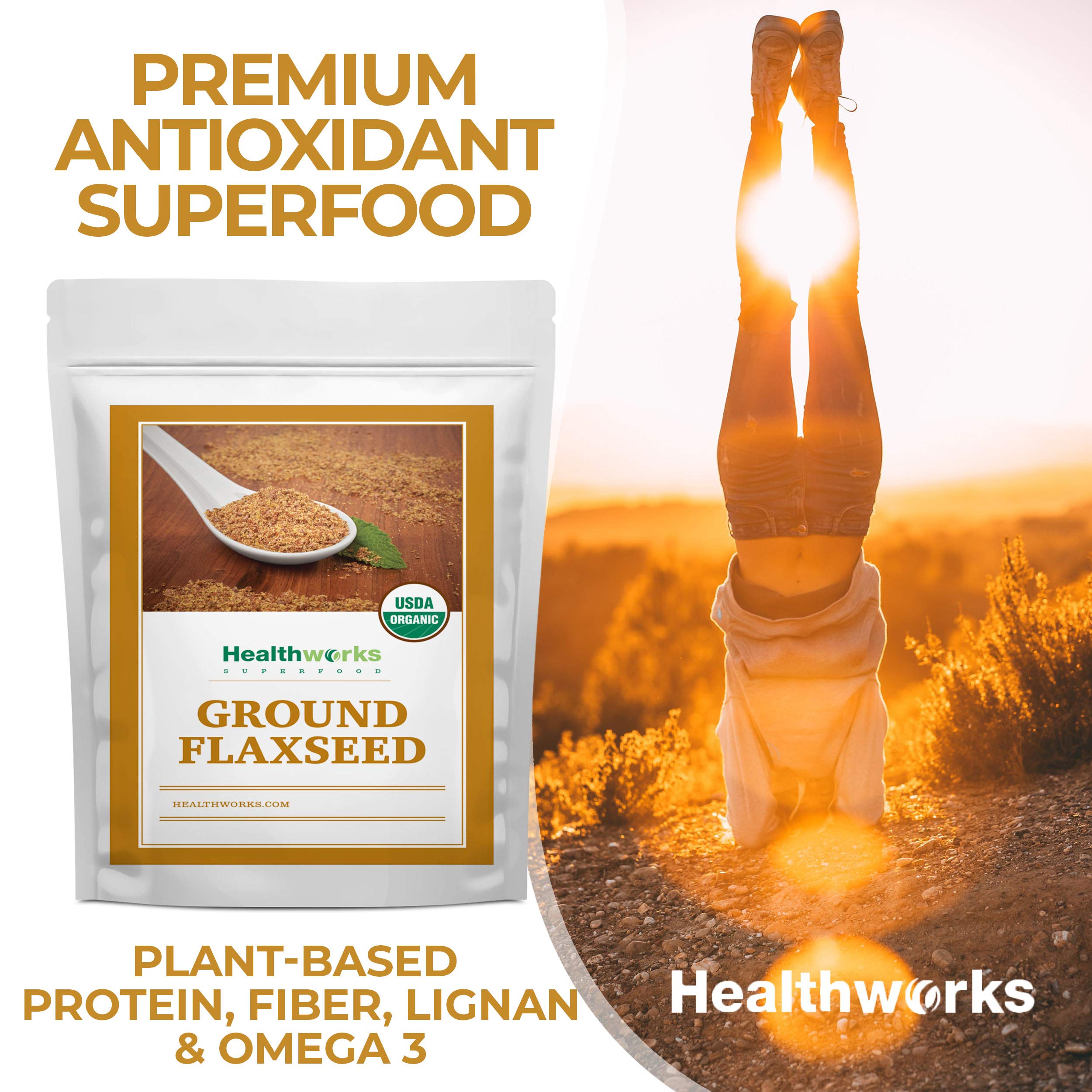 Organic label detail and sustainable sourcing highlight Healthworks' commitment.