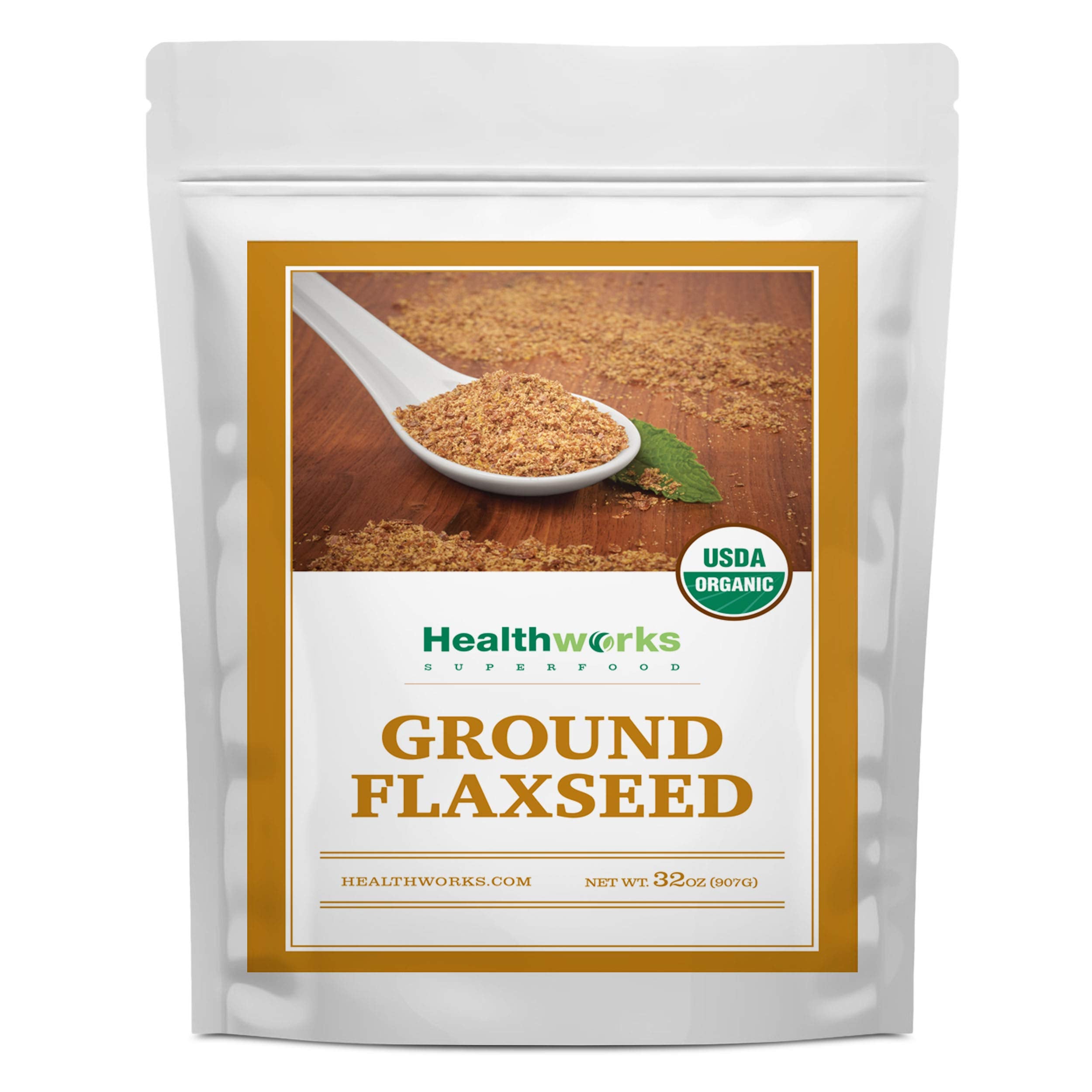 Healthworks Flax Seed Organic powder in a bag, highlighting raw, nutrient-dense quality.