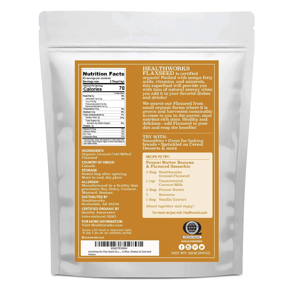 Healthworks Flax Seed Organic powder with scoop, perfect for smoothies and baking.
