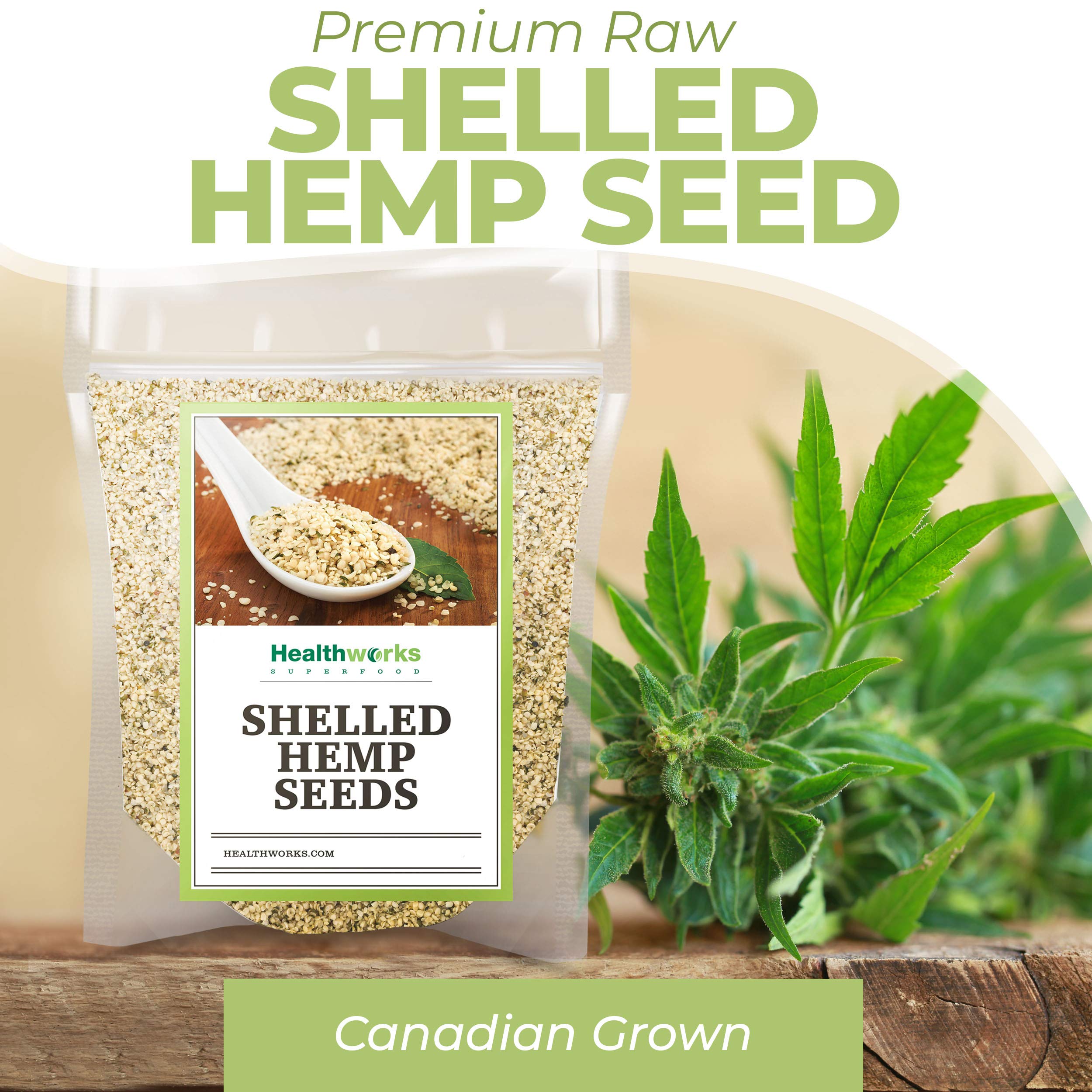 Close-up of Healthworks hemp seeds showing light nutty texture and quality