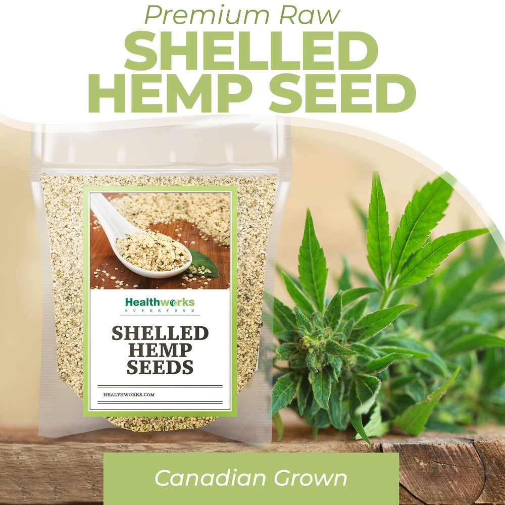 Close-up of Healthworks hemp seeds showing light nutty texture and quality