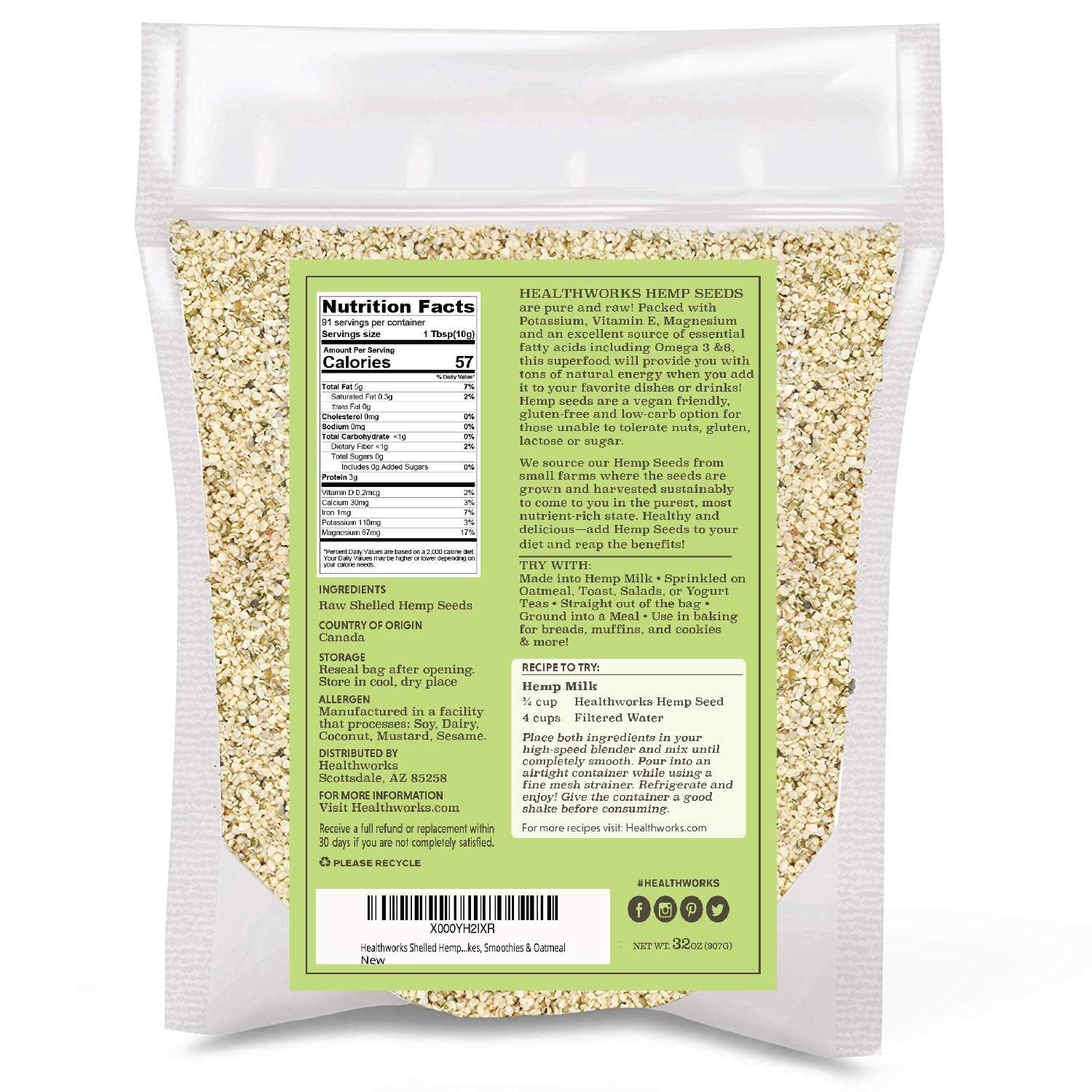 Healthworks hemp seeds hulled being poured into a bowl for a protein boost