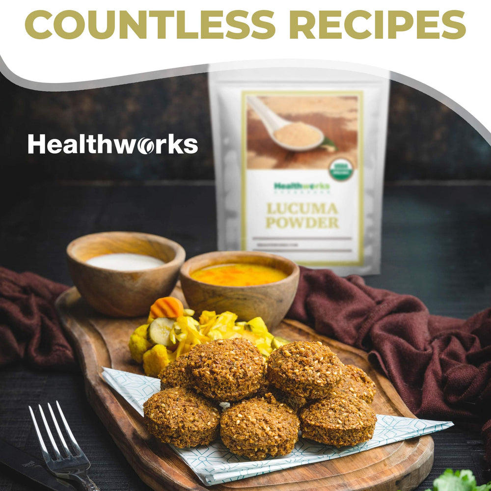 Healthworks Lucuma Powder fine texture shown for easy mixing.