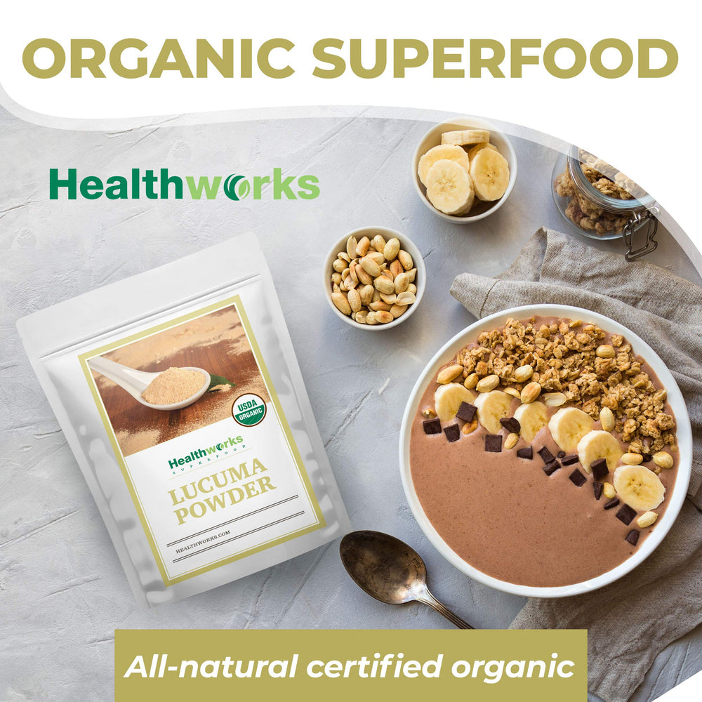 Healthworks Lucuma Powder organic label close-up signaling purity.