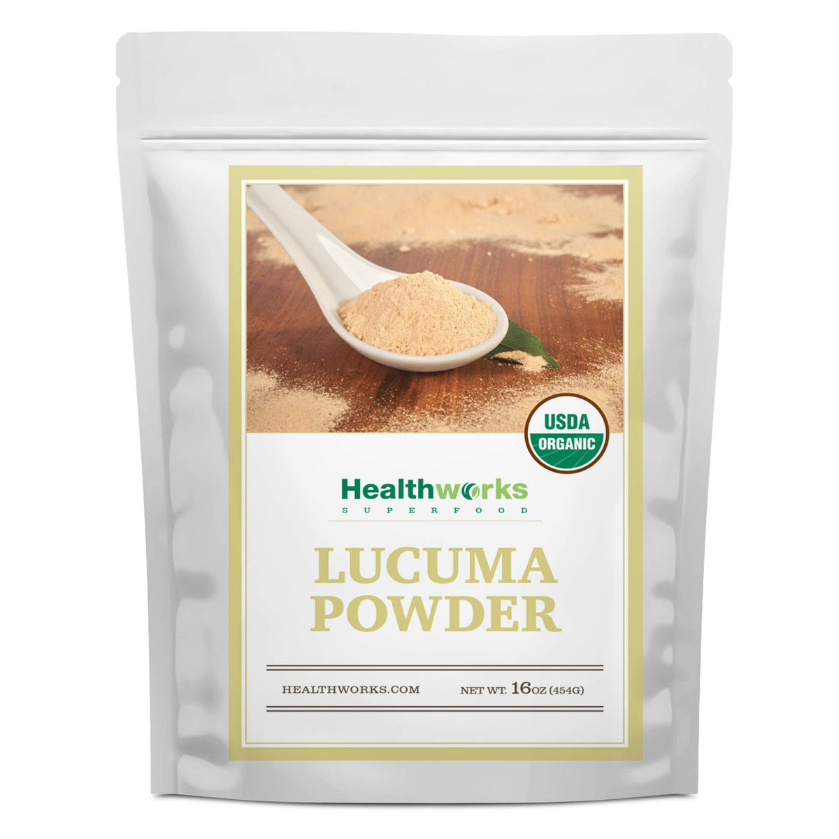 Healthworks Lucuma Powder organic packaging highlights certification and Peruvian origin.