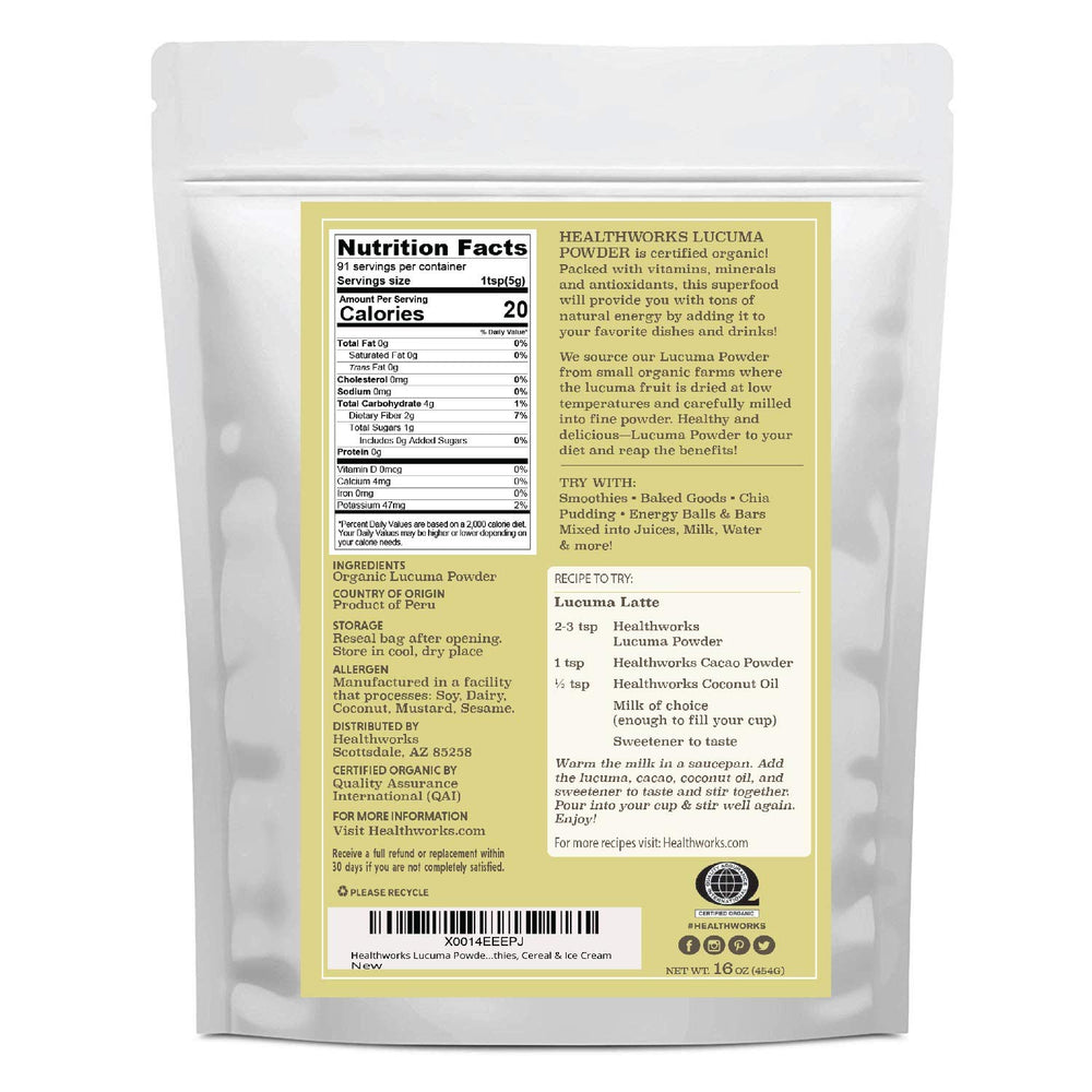 Healthworks Lucuma Powder scoop ready for measuring servings in recipes.
