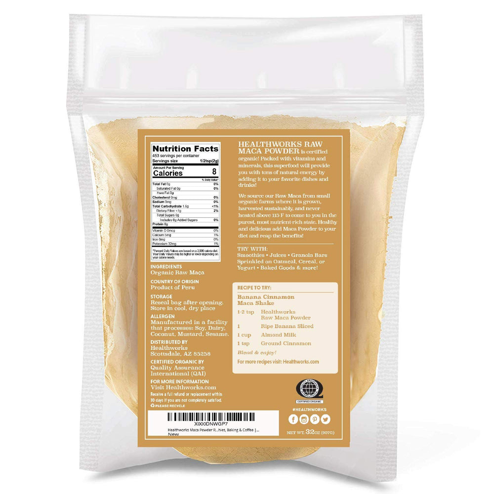 Healthworks Maca Powder bag back—organic, clean ingredients for everyday use.
