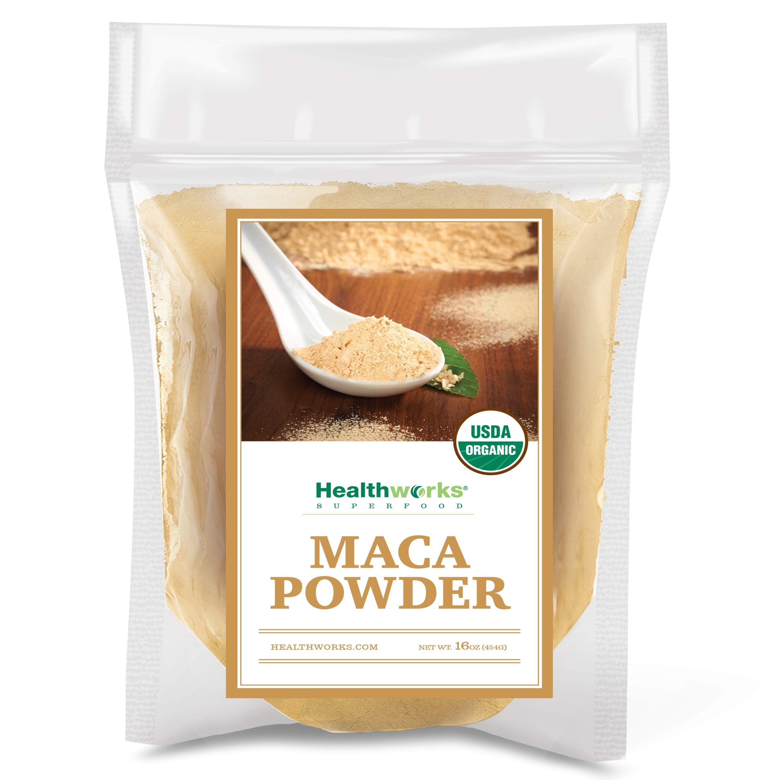 Healthworks Maca Powder bag open shows premium origin and versatile kitchen use.