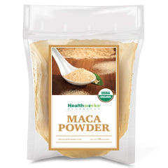 Healthworks Maca Powder bag open shows premium origin and versatile kitchen use.