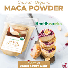 Healthworks Maca Powder bottle emphasizes convenient storage for keto and vegan diets.