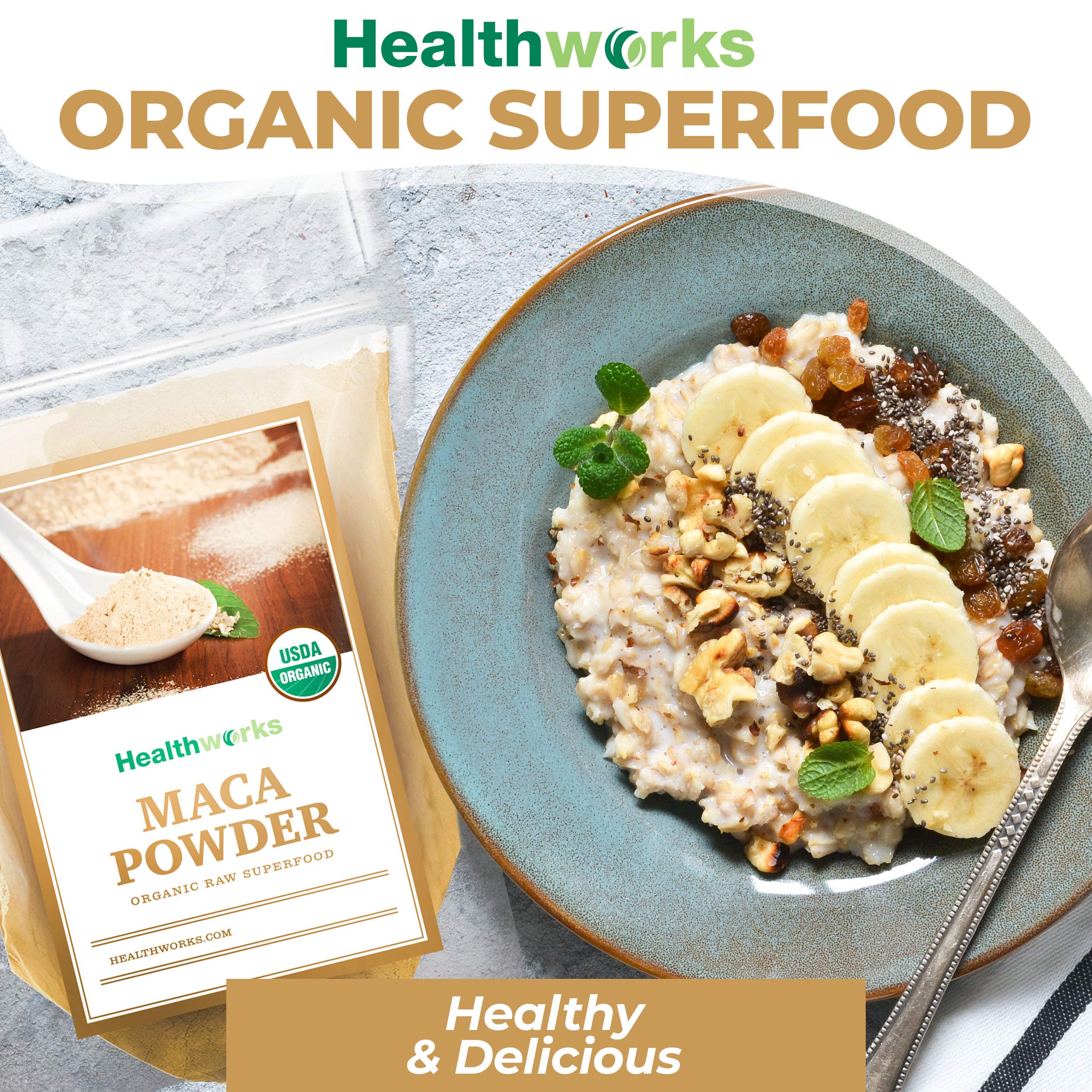 Healthworks Maca Powder coffee swirl suggests a smooth caffeine-free energy boost.